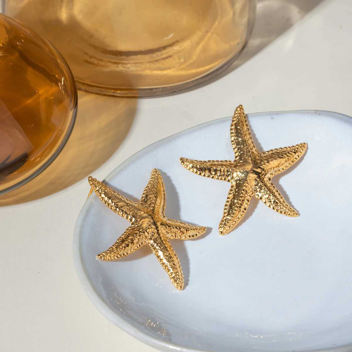 18K Gold Plated Stainless Steel Starfish Stud Earrings Anti Allergic Metal Waterproof Statement Jewelry for Women Beach Gift Y250510