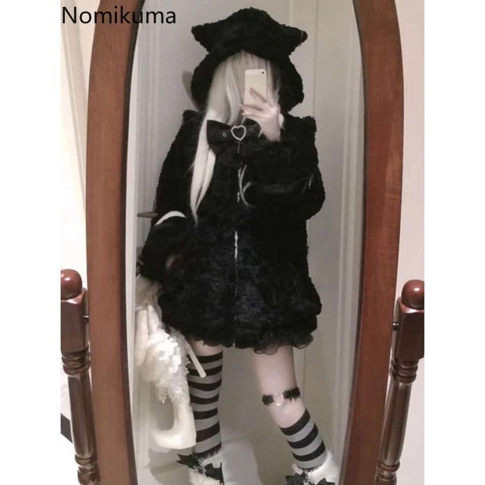 Japanese Women Clothes Furry Cat Ear Hooded Coat 2025 Ropa Mujer Thicked Warm Outwear Y2k Tops Casual Fashion Oversized Jackets Designer