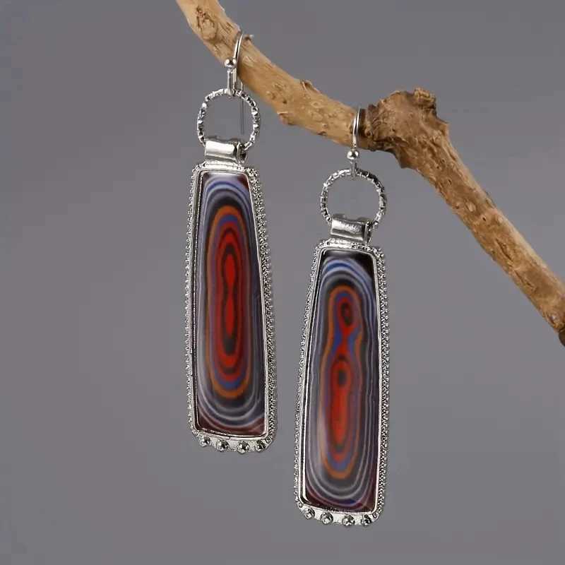 Vintage Boho Silver Color Earrings for Women Square Handmade Metal Inlaid Painting Patterns Dangle Earrings Jewelry Gift Y250510
