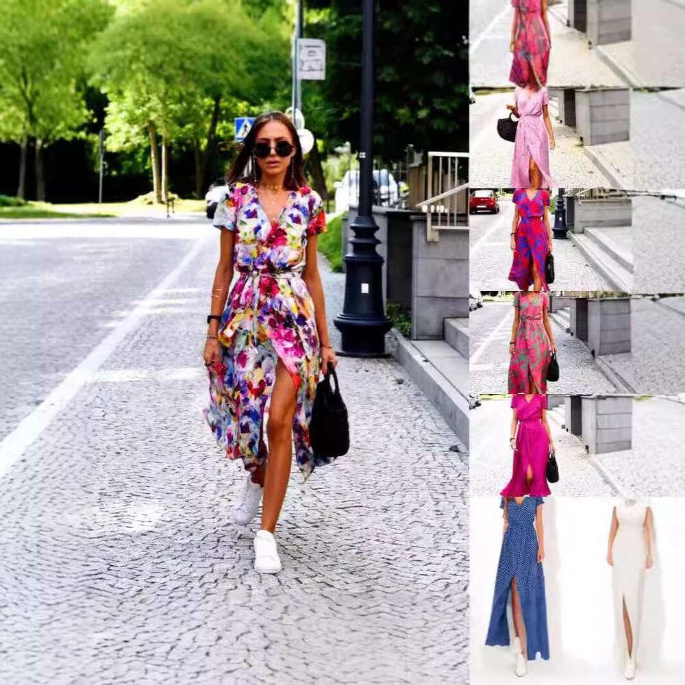 Women Clothes Dress Printed Dress Summer V Neck Split Mid Length Group Women S Clothing KQ