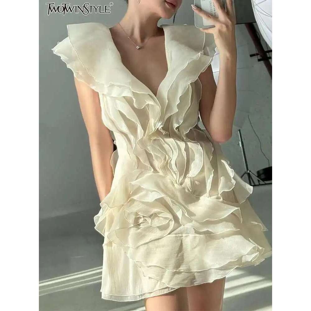 TWOTWINSTYLE Elegant Spliced Ruffles Mini Dress For Women Slash Neck Off The Shoulder Sleeve High Waist Chic Dresses Female New
