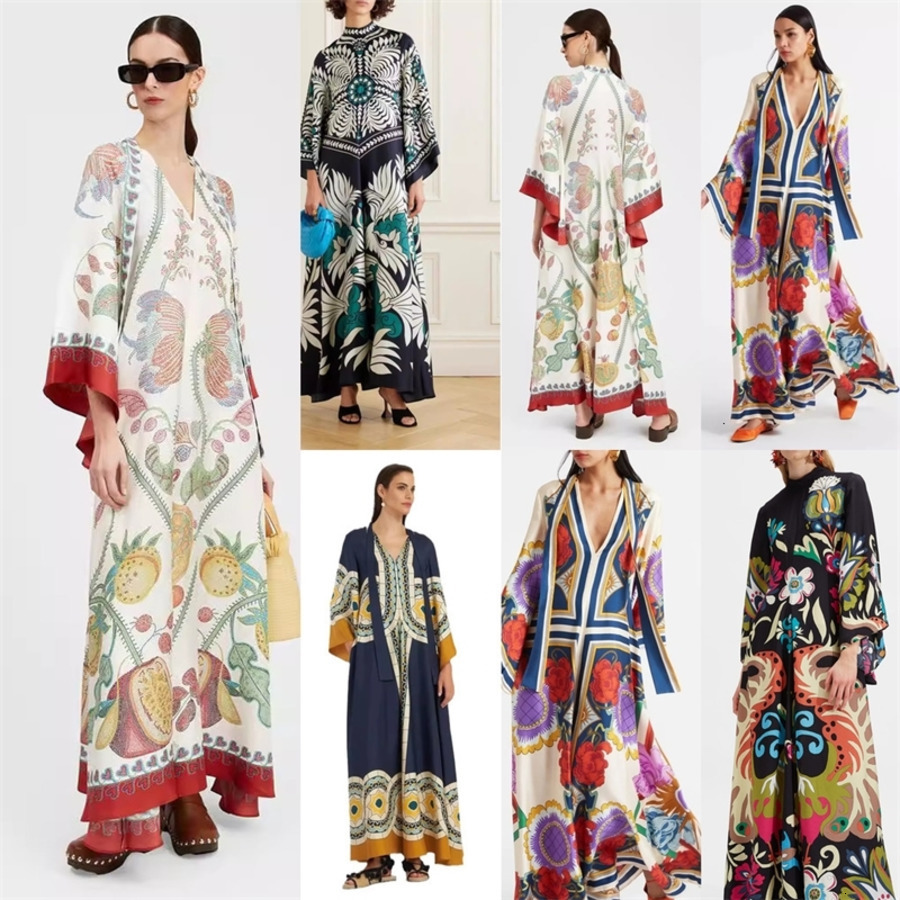 New Summer Dresses Printed Long Sleeves Stand Up Neck Dress Printed Lapel Waist Cinched Big Swing Dress For Women