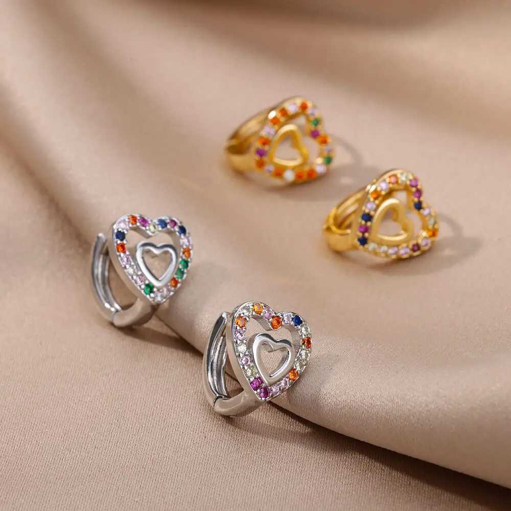 Heart Shaped Colored Zircon Earrings for Women Luxury Stainless Steel Hoop Earrings 2023 Trend Romantic Aesthetic Jewelry earrings Y250510