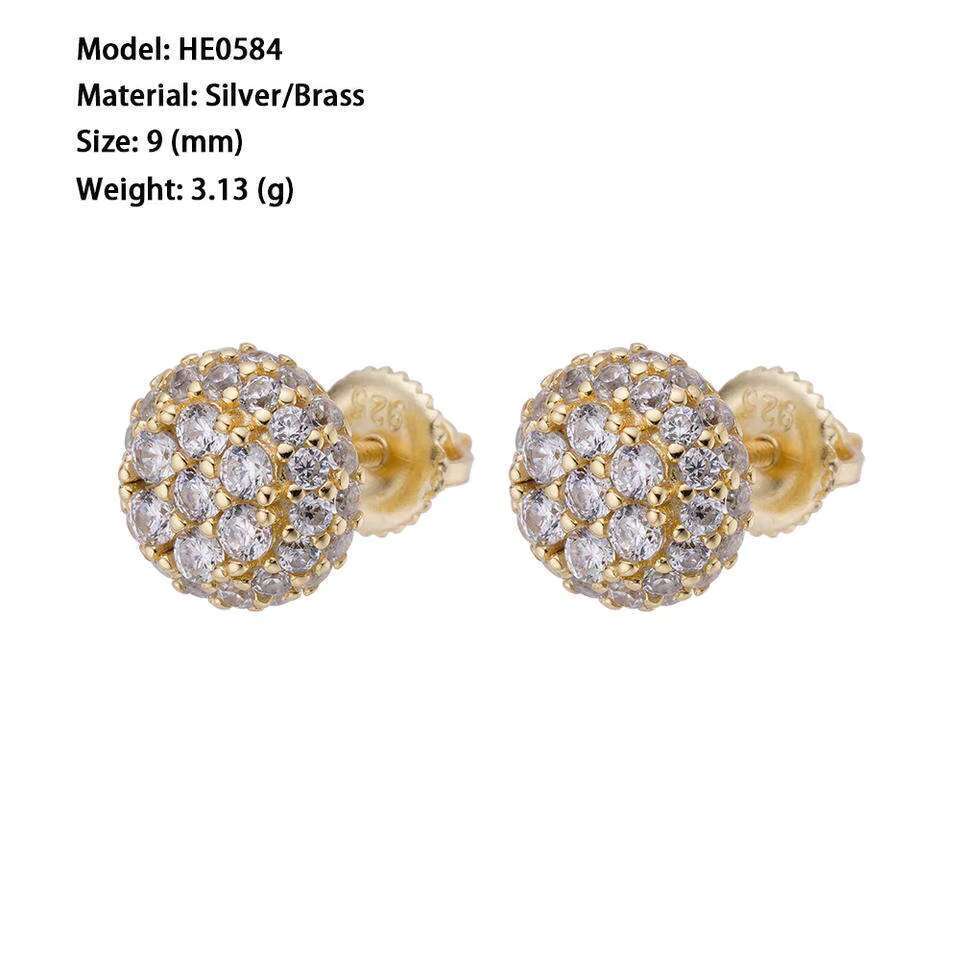 Fine Hip Hop Jewelry Gold Plated 9mm Iec Out VVS Moissanite Diamond 925 Sterling Silver Round Screw Back Stud Earrings for Men