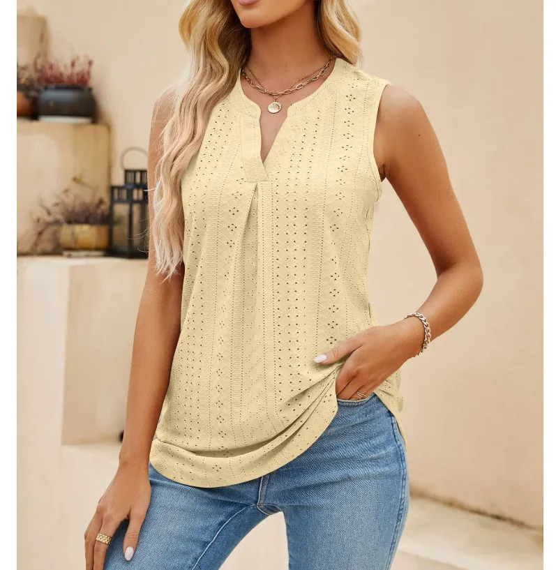 Casual Summer Hollow Out V Neck Sleeveless Blouses for Women Fashion Elegant Loose Tank Tops Solid Pullover Tunic 250513