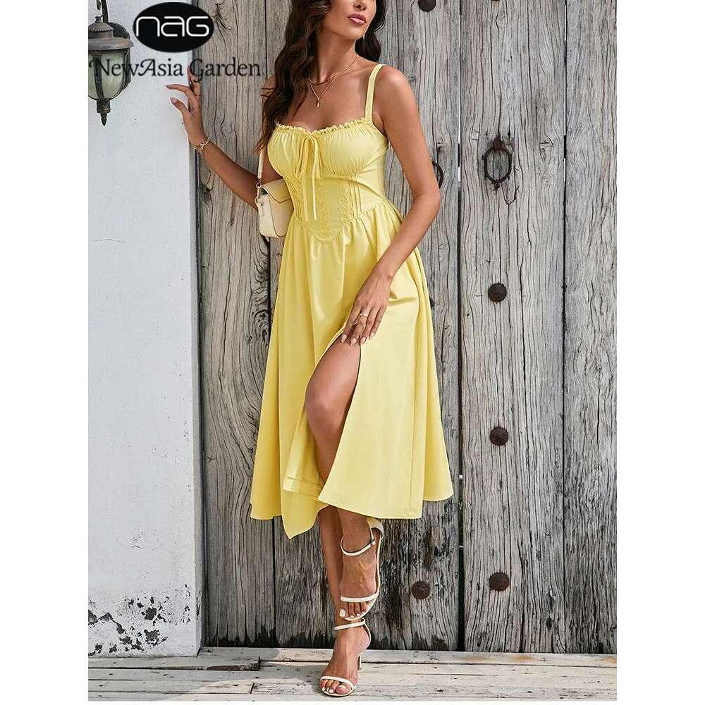 NewAsia Women's Adjustable Straps Lace Midi Corset Dress Tie Up Ruched Fashion Casual Holiday Long Dresses New Arrival