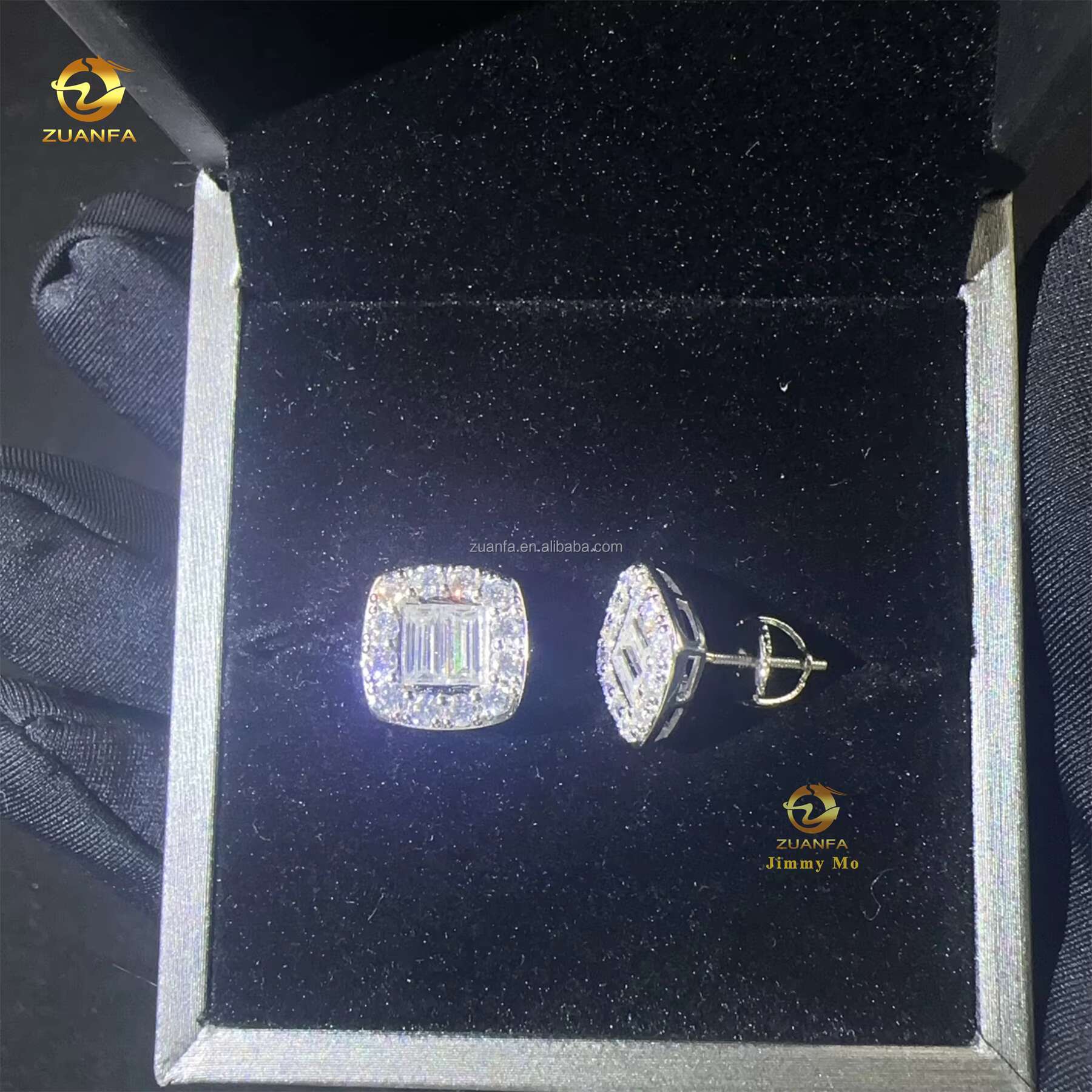 New Arrivals Bulk Stock Iced Out Man Stud Earrings Baguette Moissanite Diamond Screw Back Setting Hip Hop Stud Earring 925