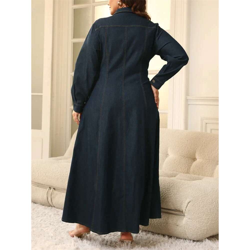 Wmstar Plus Size Dresses for Women Denim Button Solid Long Fashion Elegant Maxi Dress Fall Winter Clothes Wholesale Dropshipping