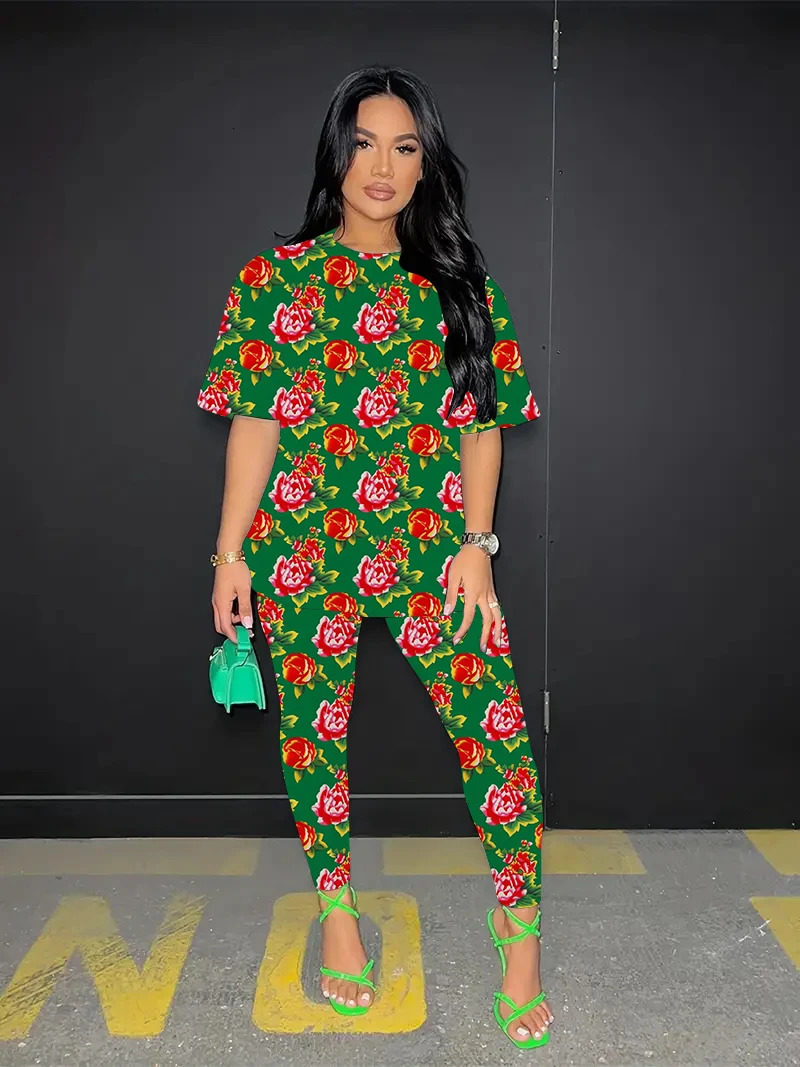 Plus Size Summer Fashion Short Sleeve Trouser 2piece Set Womens Northeast Flower 3D Printed Tshirt Breathable Clothing 250427