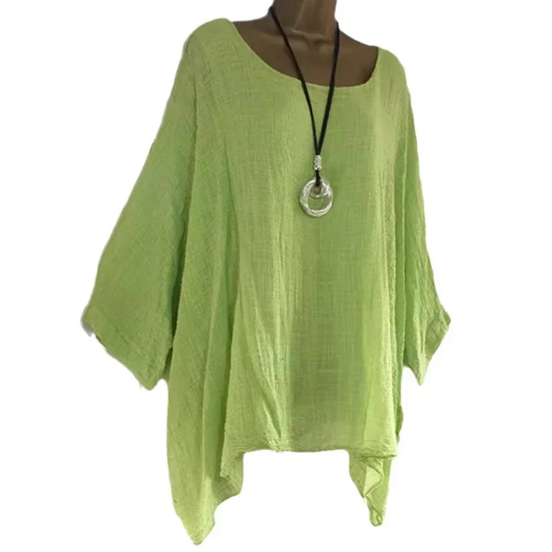 Women tshirts Plus Size 5XL TShirt Linen O Neck Casual Loose Shirt Summer Autumn Solid Batwing Long Sleeve 250513