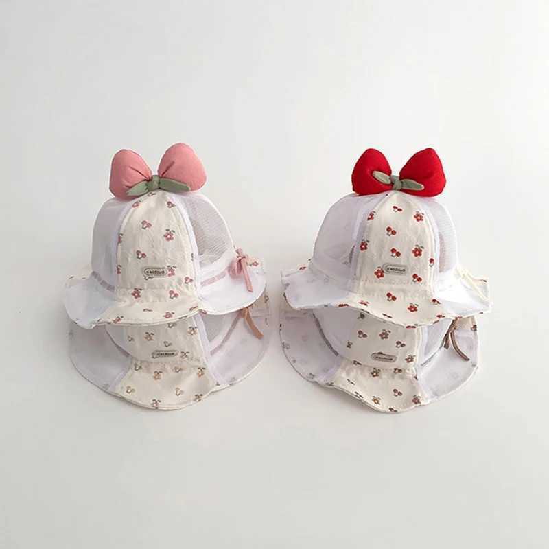 Sweet Bow Baby Fishermans Hat Red Cherry Sunscreen Basin Cap Princess Girl Summer Sun Hats 3-24Month Children Mesh Bucket Caps R250512