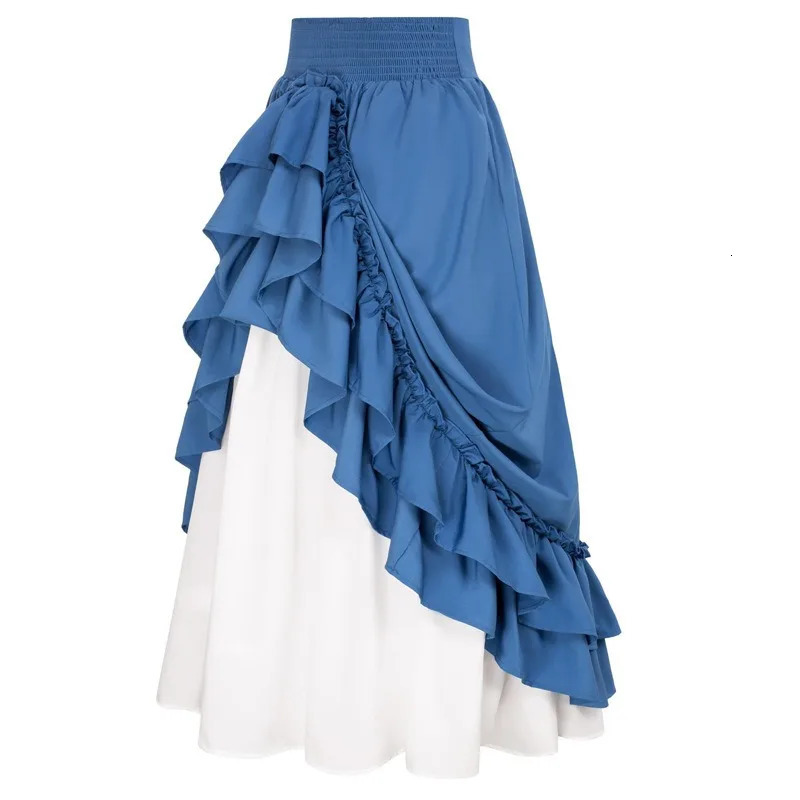 Casual Dual Layer Skirt Button Renaissance Costume Women Back Double Ruffle Long Shirring Waist Elastic Band Maxi Length 250513