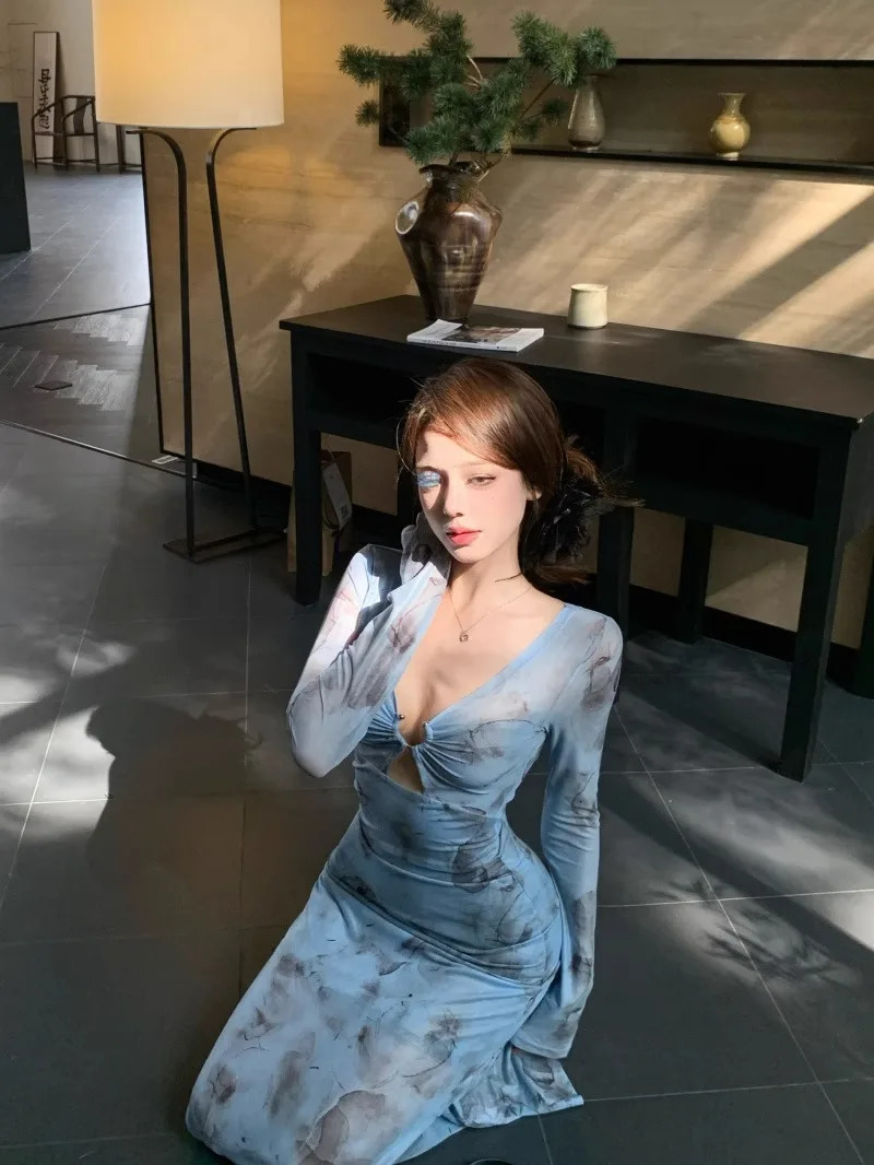 Pure Desire Long Sleeve VNeck Tie Dye Net Yoke Womens Dress Sexy Hollow Out WaistFitted Slims Smooths Your Silhouette Elegant 250513