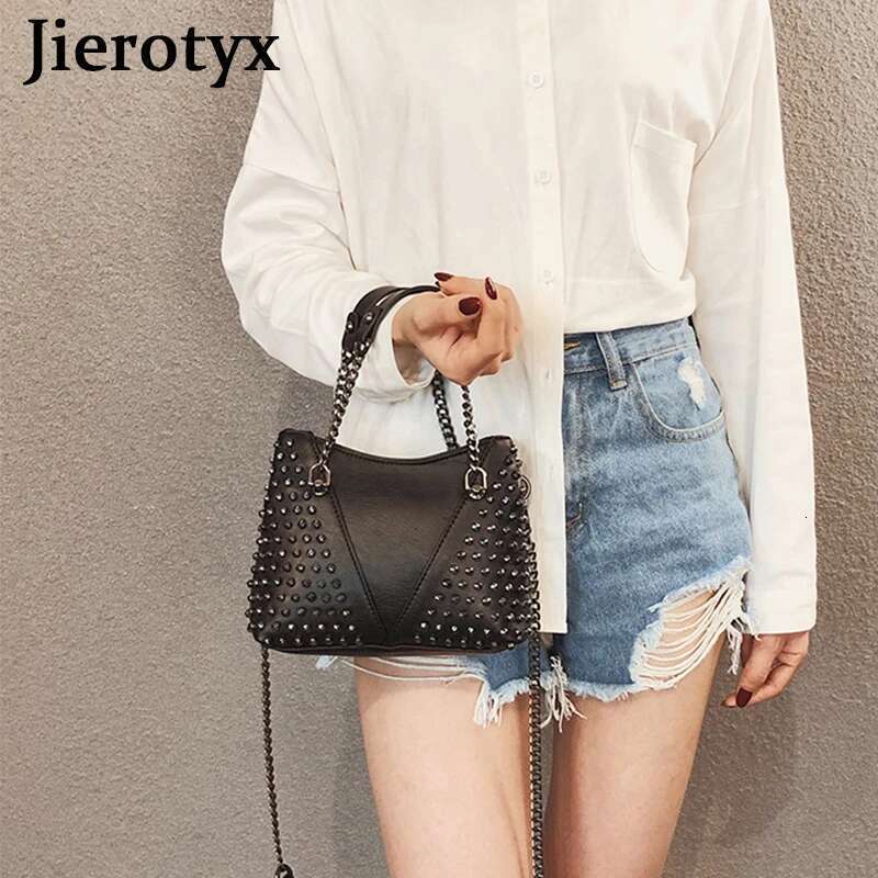 JIEROTYX Studded Shoulder Women Leather Punk Style Rock Rivet Crossbody Bag Handbag With Chain Wallet Purse For Girls