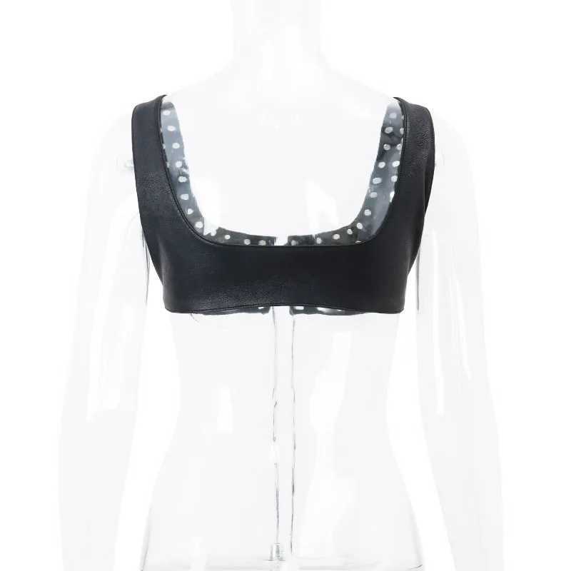 Cryptographic Fashion PU Leather Lace Up Sleeveless Crop Tops Rave Festival Punk Sexy Cropped Camis Top Tanks Streetwear Clothes M250513