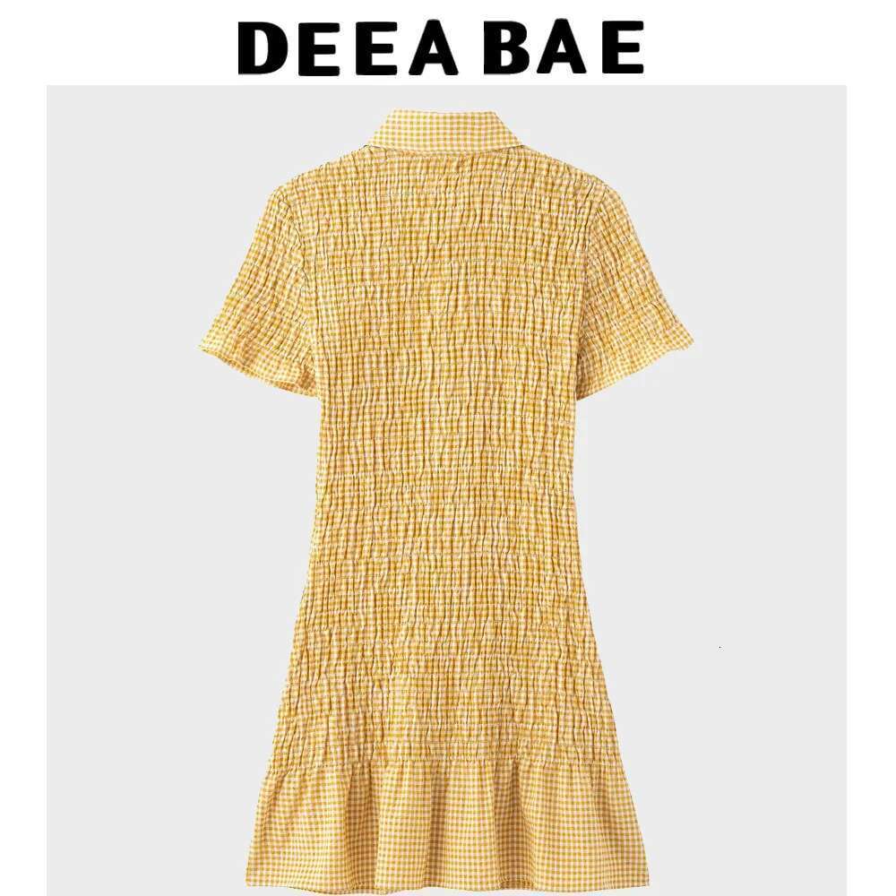 DEEABAE World Brands Dresses 2025 New Yellow French Ruffle Plaid Shirt Slim Pleated Decoration Short Dress
