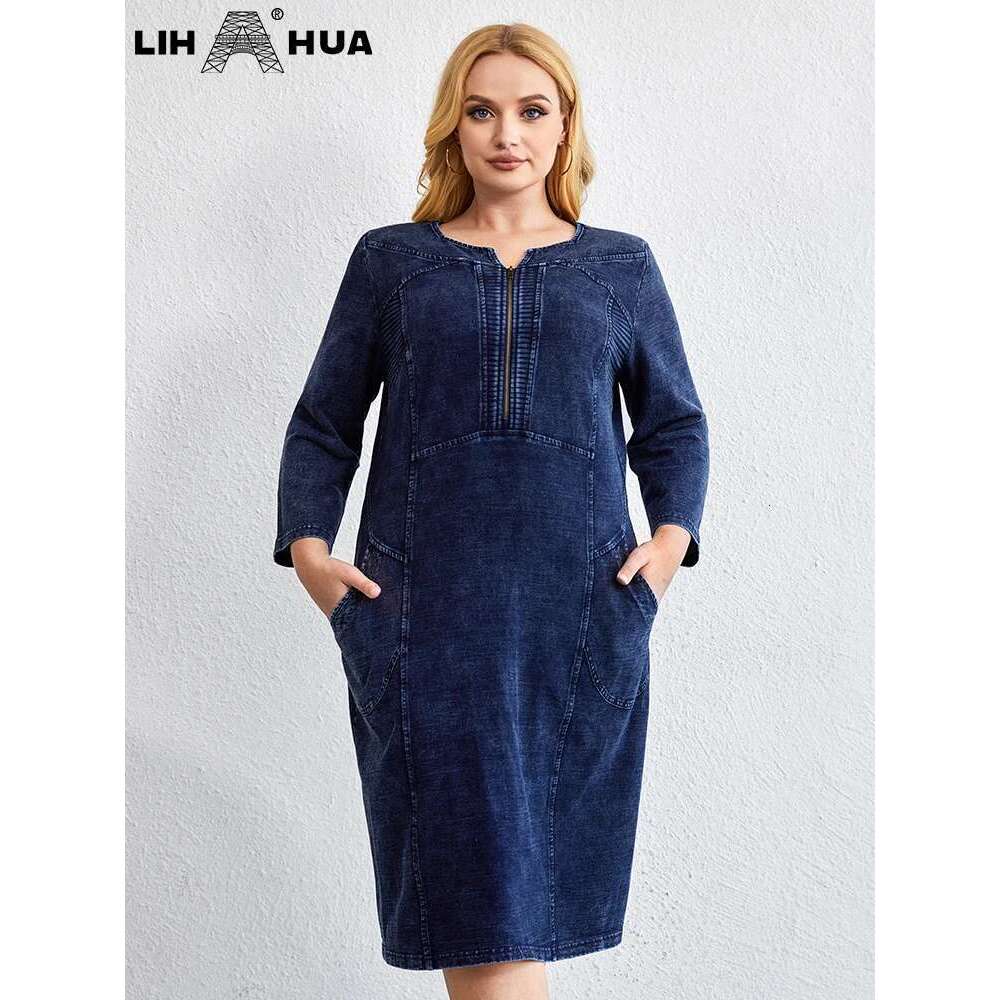 LIH HUA Women's Plus Size Denim Autumn Chic Elegant Dresses For Chubby Women Cotton Knitted Dress
