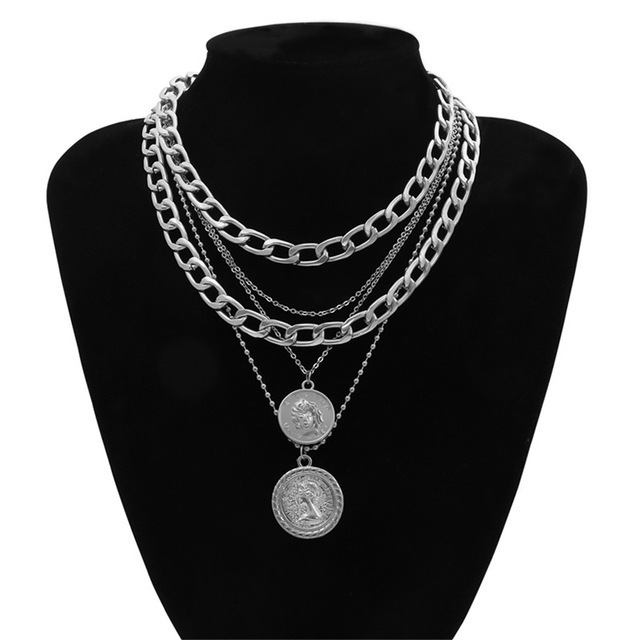 Metallic Coin Portrait Layered Necklace, Bold Chunky Choker, Trendy European & American Style for Women