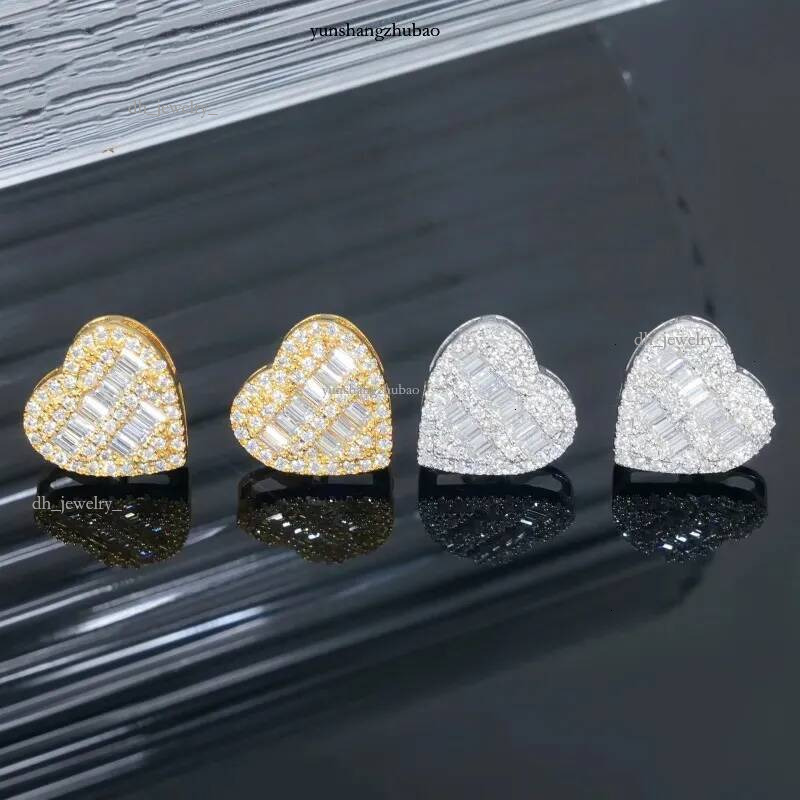 Yellow White Gold Plated Sterg Sier VVS Baguette Moissanite Heart Earrings Studs Nice Gift for Men Women