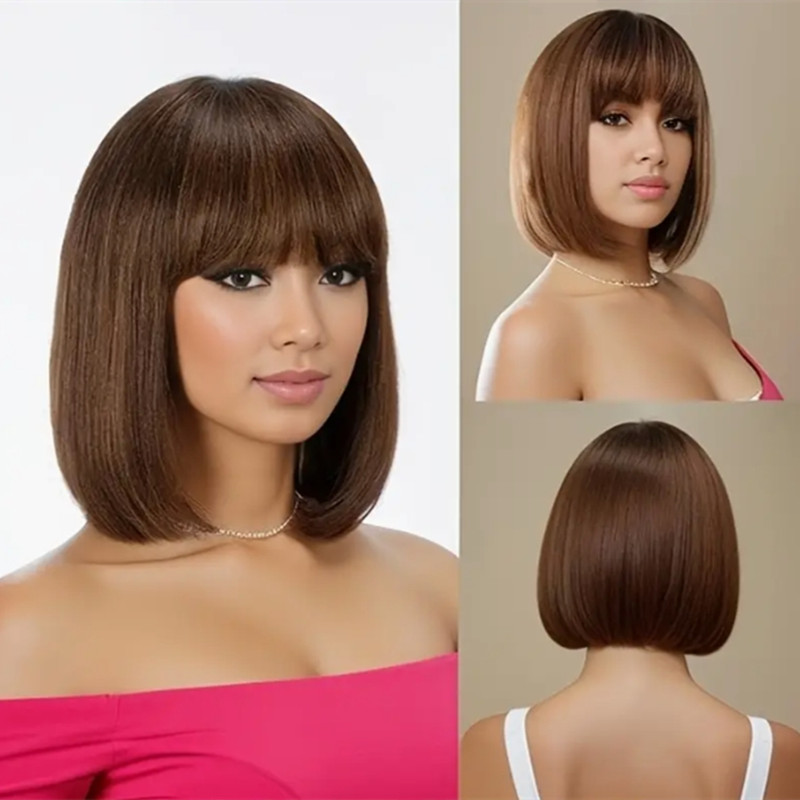 Heat Resistant Synthetic Wigs for Daily Wear: Sleek Short Bob with Fringe