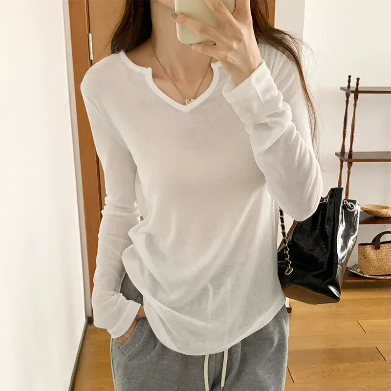 Korean Sexy Women TShirt Long Sleeve Style Slim Basic Elasticity Tshirt Top Womens Clothing T Shirt Femme See Through 250513