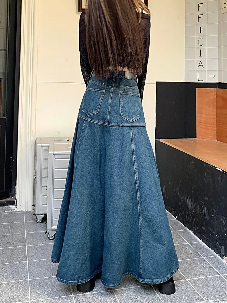 GUUZYUVIZ Long High Waist Versatile Fishtail Denim Skirt Woman 250513