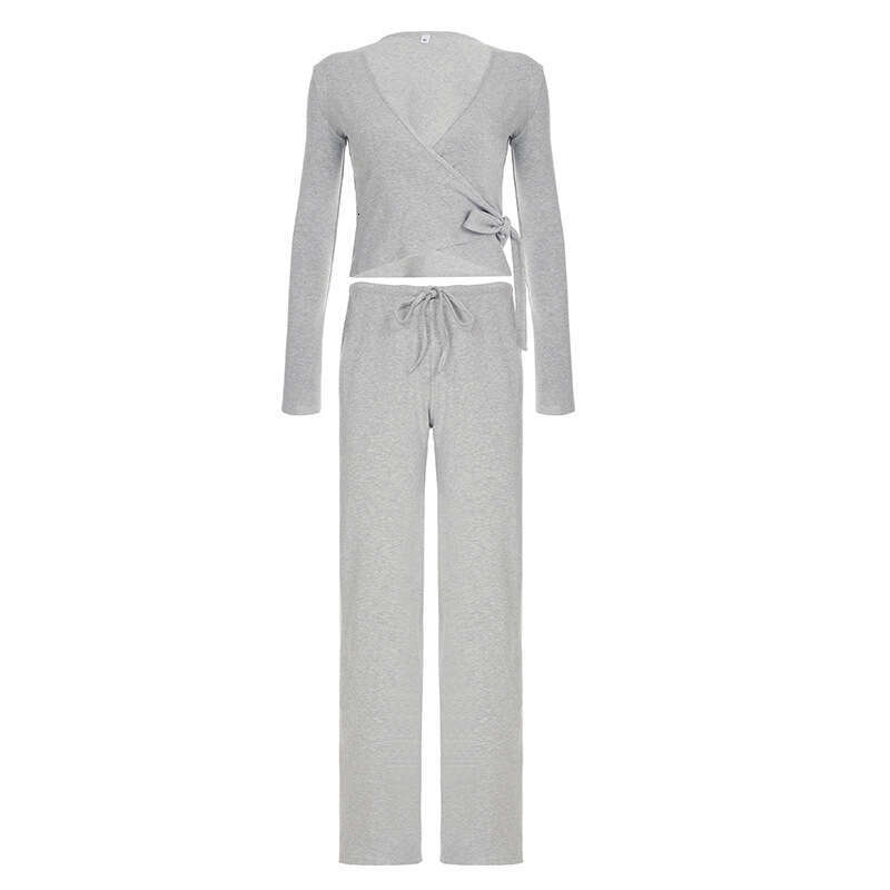 Autumn And Winter Casual Lace Up Flared Sleeve Top With Plush Loose Pants Pajamas Two-Piece Sports Suit B5