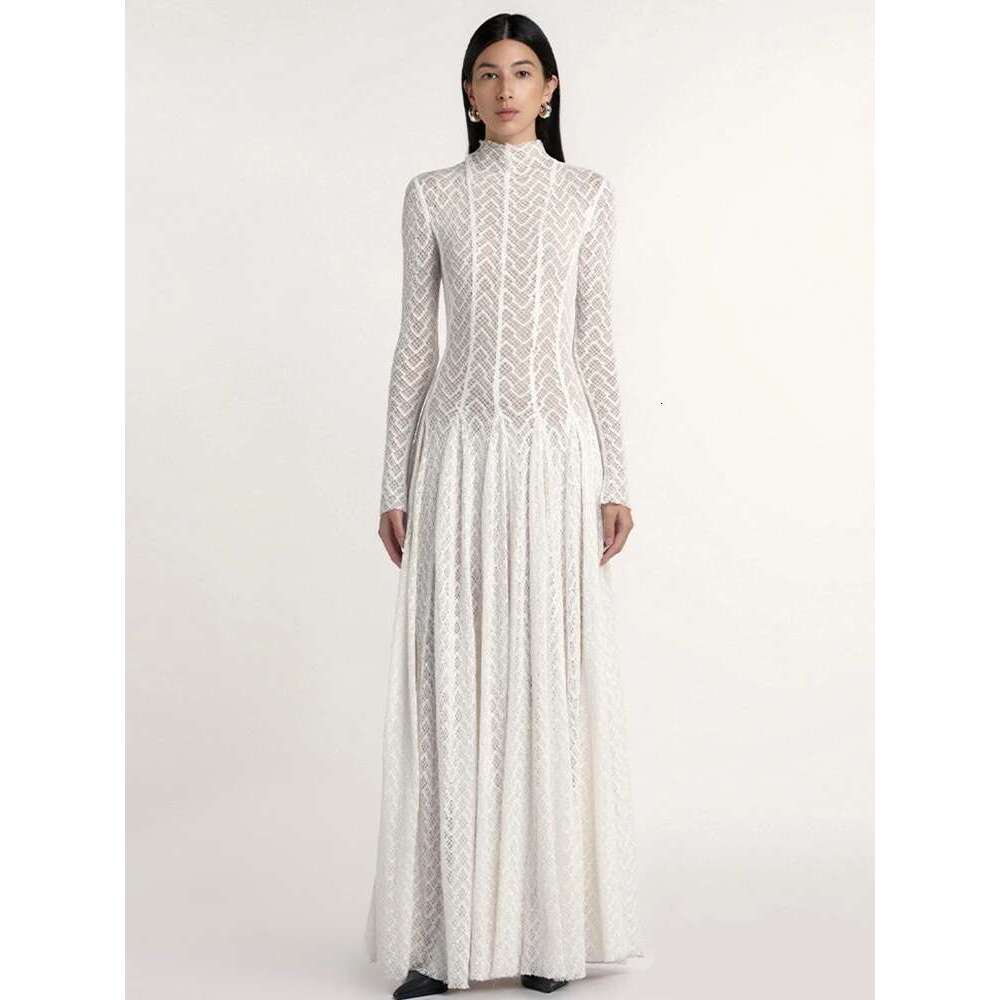 DEAT Elegant Dress Hollow Out Long Sleeve Pleated Knitted Slim Big Swing Women's Evening Party Dresses 2025 Spring New 7AB8070