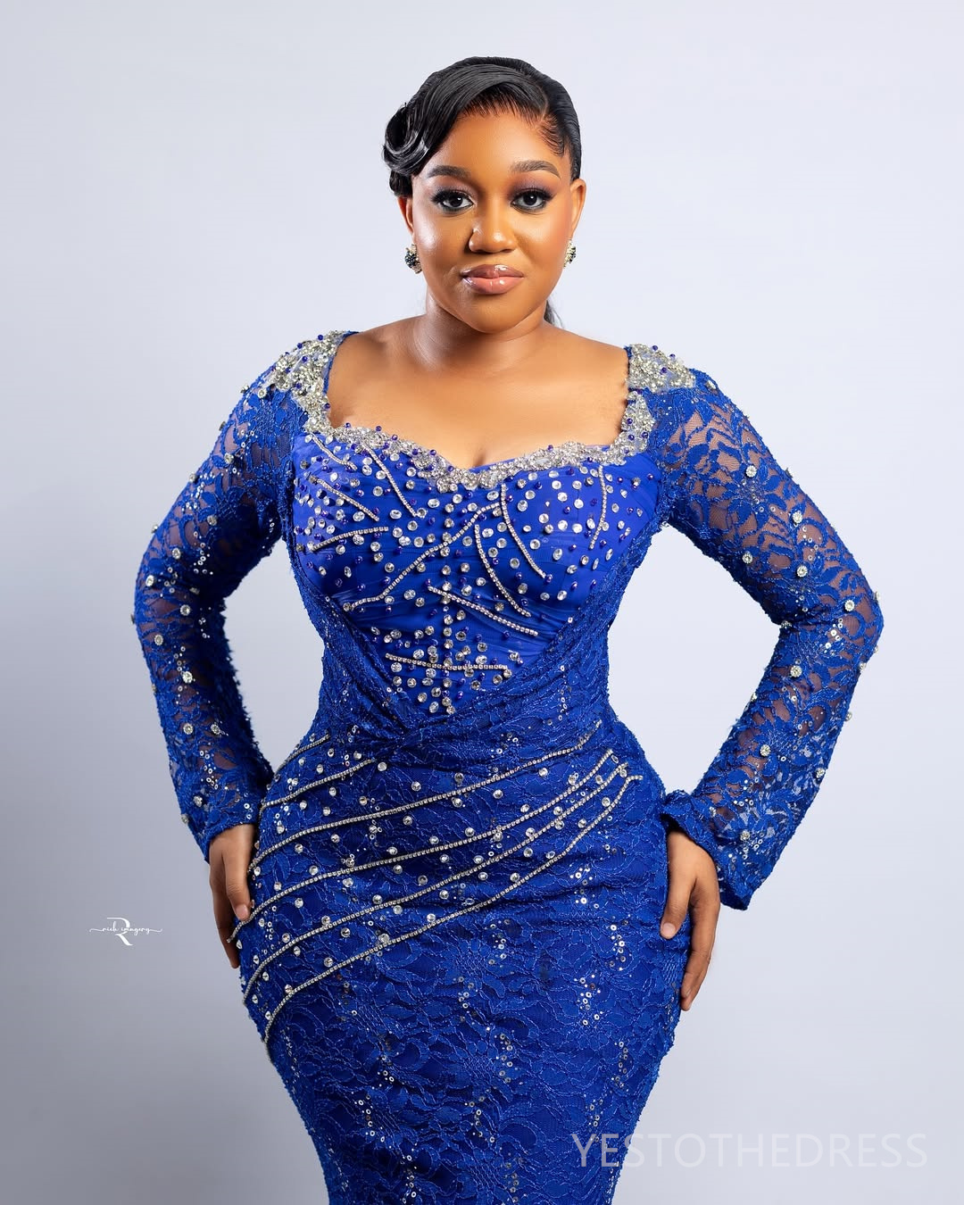 2025 Plus Size Royal Blue Aso Ebi Prom Dress Mermaid Prom Dresses Evening Formal Gowns Long Sleeves Bead Lace Rhinestone Birthday Dress Second Recepti