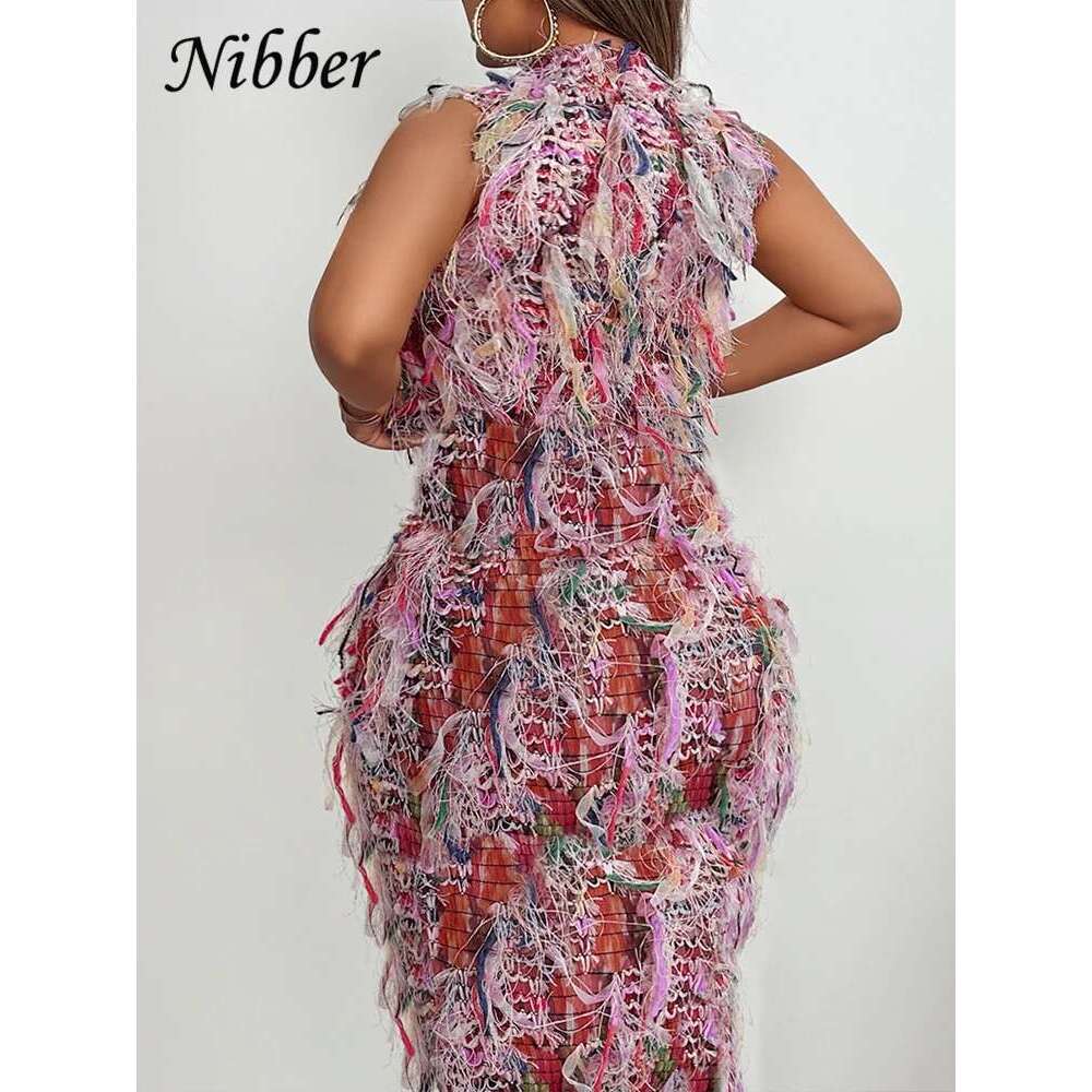 Nibber Colorful Tassel Dress Women Autumn Turtleneck Sleeveless High Waisted Elastic Trend Street Night Club Pretty Long Bodycon