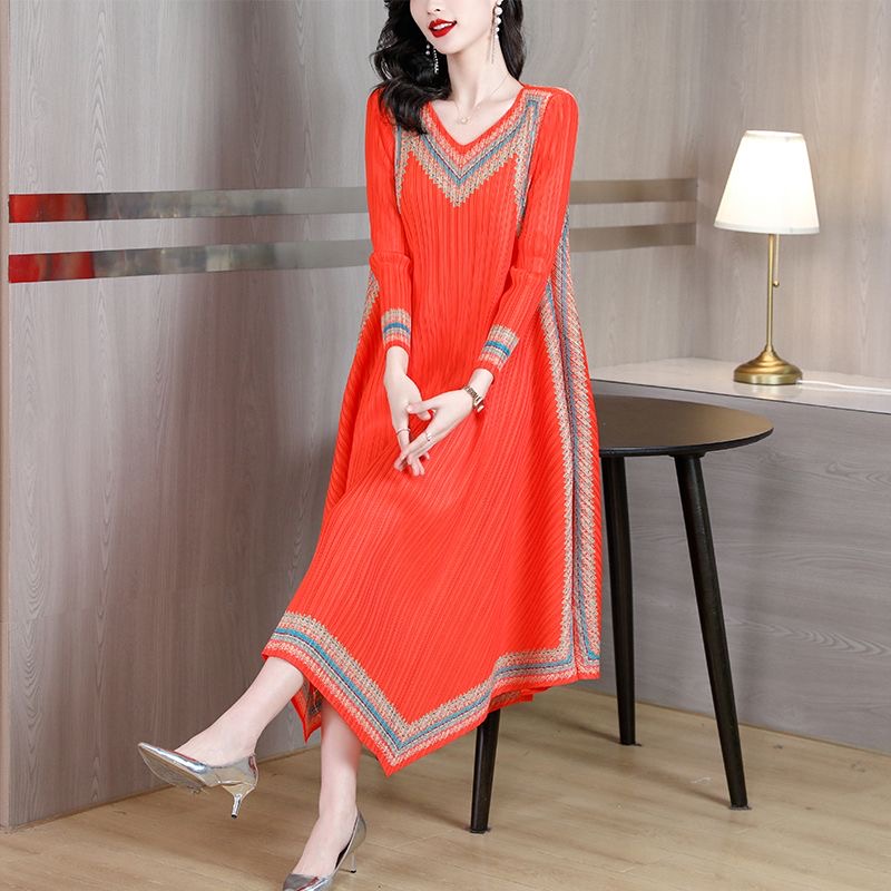 Large size women's retro printed dress female summer new temperament slim medium long skirt D02345