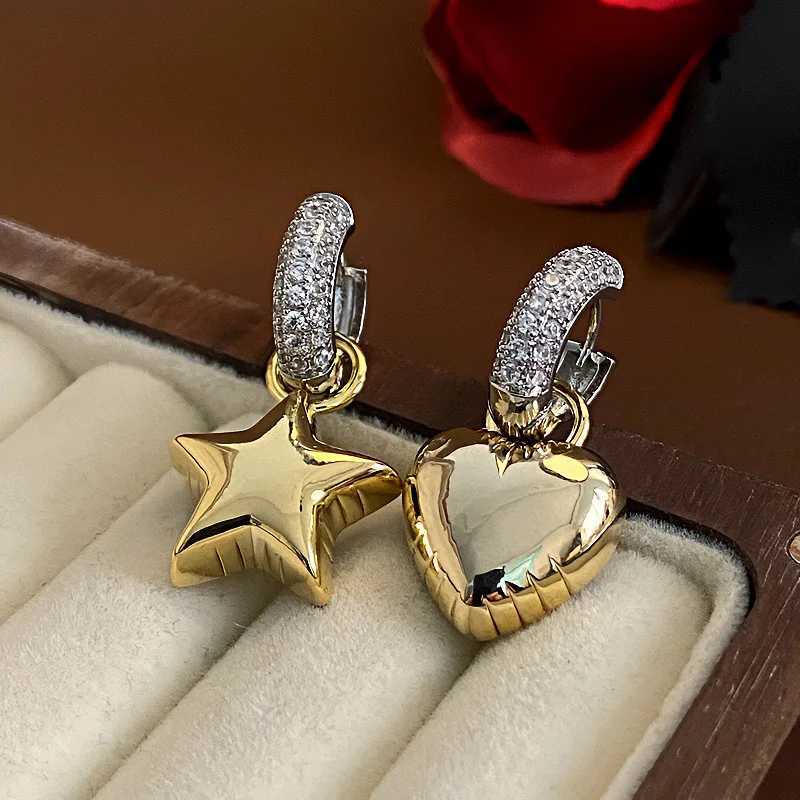 New Vintage Asymmetric Zircon Heart Star Hoop Earrings for Women Luxury Micro Inlaid Crystal Gold Silver Color Earrings Jewelry Y250510