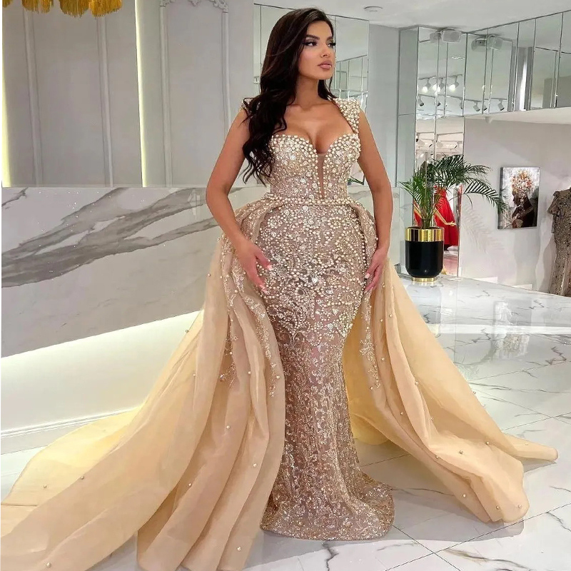 2025 Plus Size Champagne Aso Ebi Prom Dress Mermaid Prom Dresses Evening Formal Gowns Detachable Train Bead Pearls Lace Birthday Dress Second Receptio