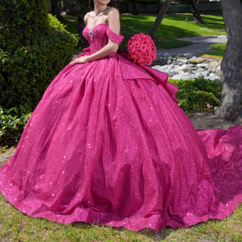 Rose Red Shiny Quinceanera Dresses Off Shoulder Ball Gown Sweet 16 Dress Bow Beading Crystal Tull Birthday Party Vestidos 15 De Anos