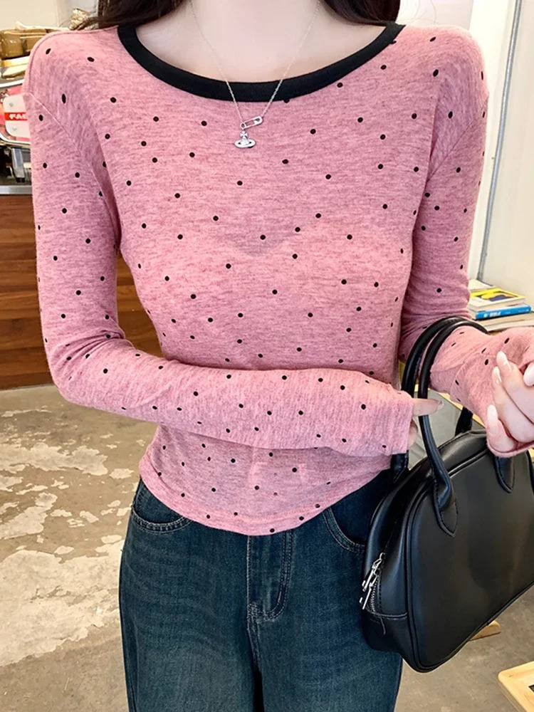 Thin Polka Dot Long Sleeve T Shirt For Women Clothing Autumn O Neck Top Woman Tshirts Casual Tee Femme Ropa Para Mujer 250513