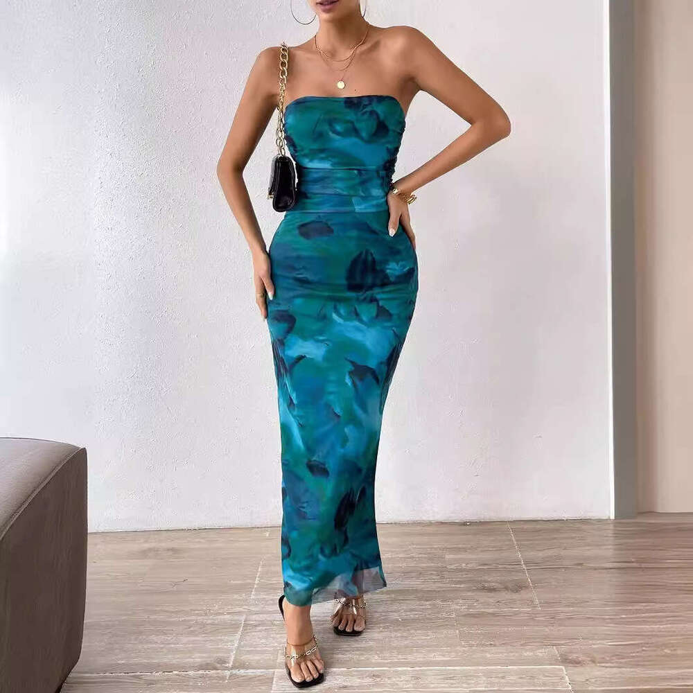 Women Clothes Dress Mesh Floral Pleated Sexy Tight Fitting Slit Strapless Long Dress KQ