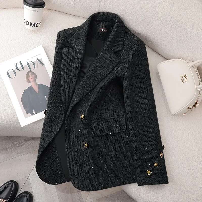 Elegant Woolen Mini Suit Jacket For Women Shiny Sequin Autumn Winter New Style Fashionable Top Quality Material