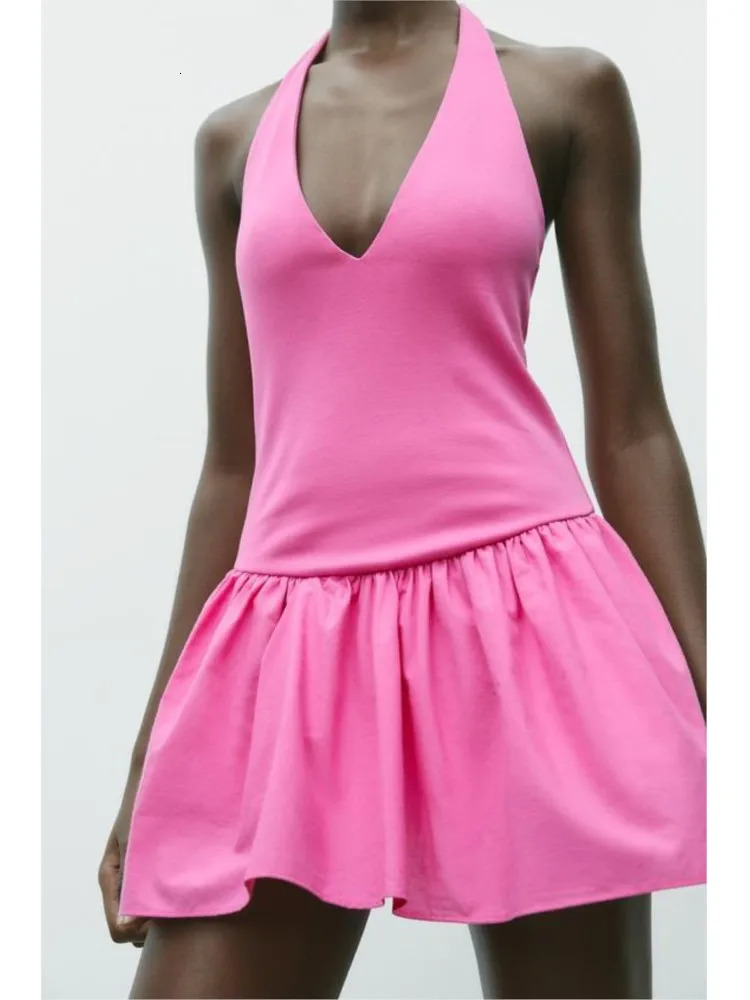 TRAF Halter Short Dress for Women Summer Sexy Backless Patchwork Pleated Womens Dresses Female Chic 250513