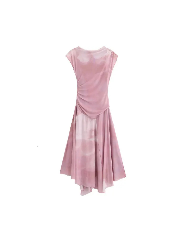 TRZA Women Fashion Gathered Print Tulle Midi Dress Sleeveless Asymmetric Hem Female Dresses Vestidos Mujer 250513