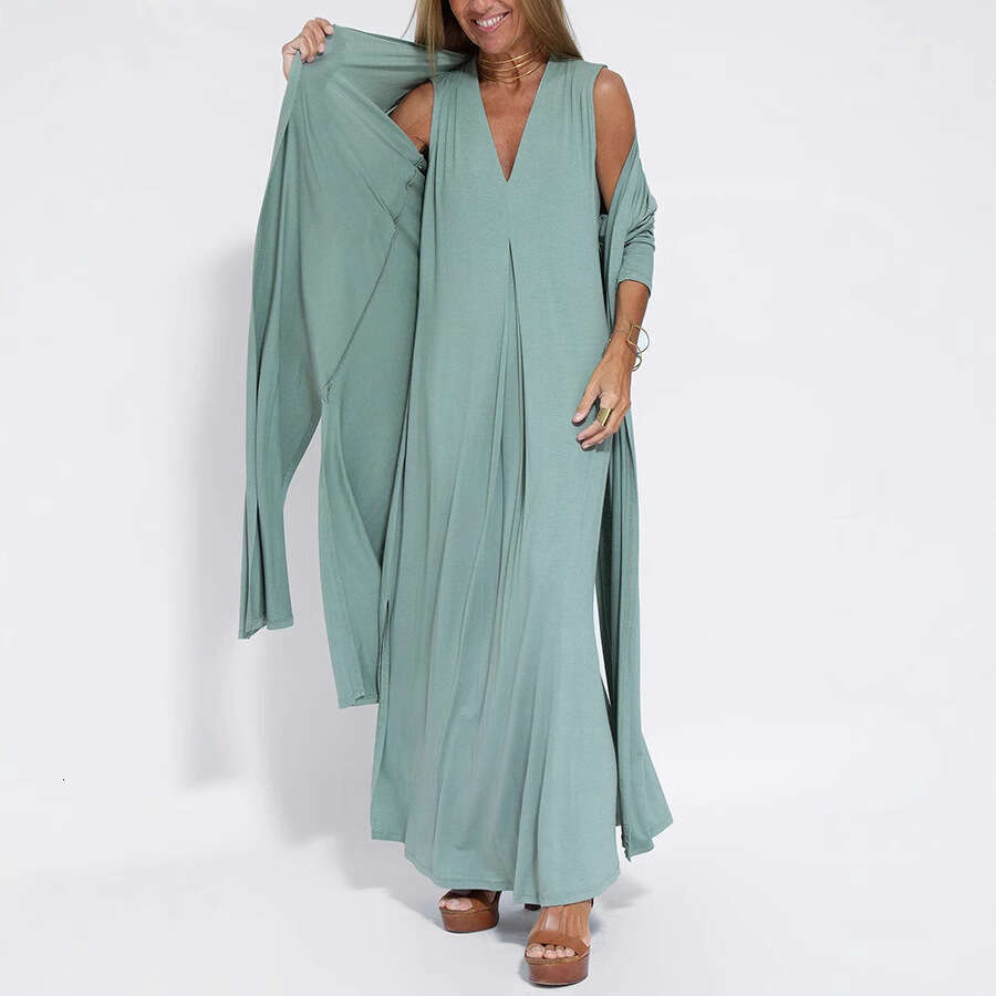 Women Clothes Dress New Solid Color Pullover V Neck Dress Cardigan Jacket Set For Women KQ