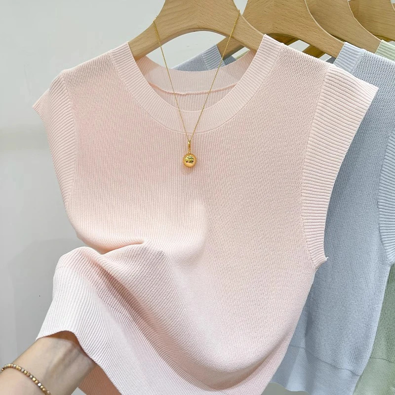 Korea Knitted Vests Women Top Solid Tank Blusas Mujer De Moda Summer Fashion Female Sleeveless Casual Thin Tops 250513