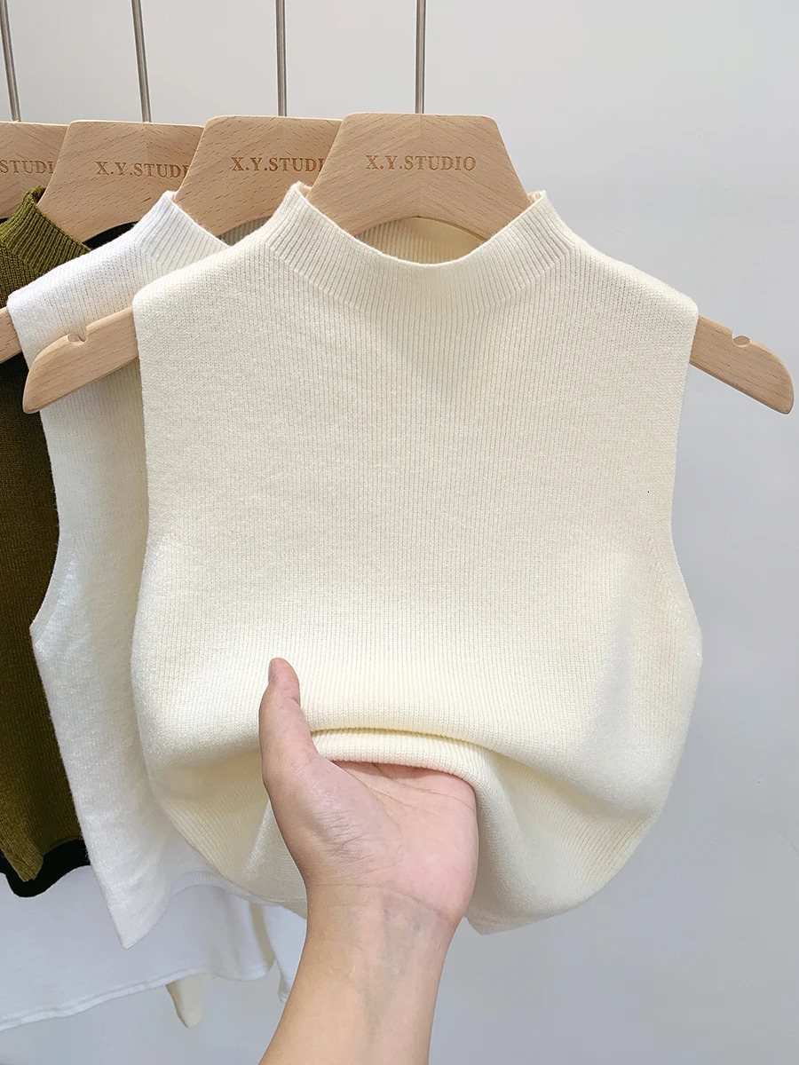 2024 Women Knitted Tank Top Summer Fall Slim Sweater Short Sleeveless Solid Spring Autumn Sweaters Pullovers 250506