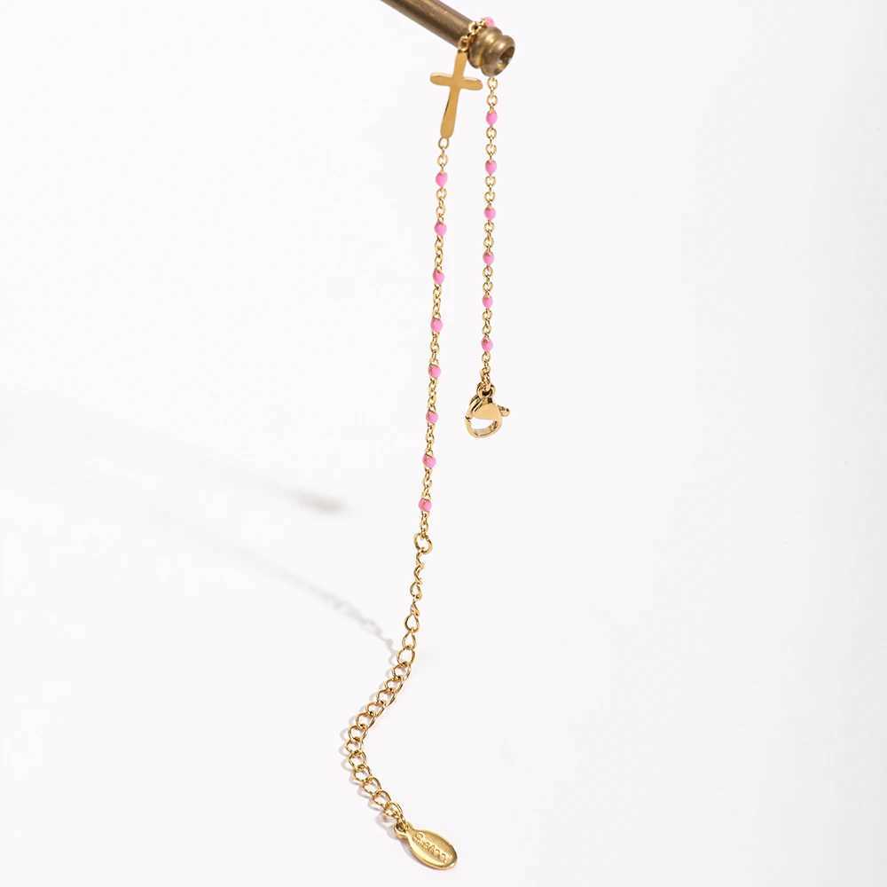 3M Girls Boho Thin Chain Stainless Steel Bracelets For Women Gold Color Peach Pink Cross Charm Beautiful Gift XJ250707