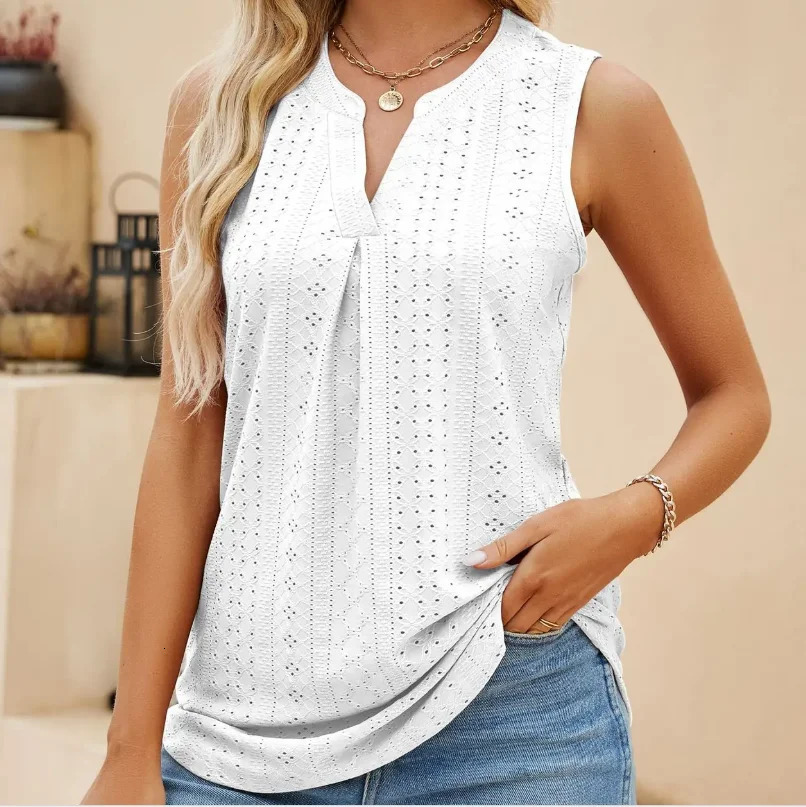 Casual Summer Hollow Out V Neck Sleeveless Blouses for Women Fashion Elegant Loose Tank Tops Solid Pullover Tunic 250513