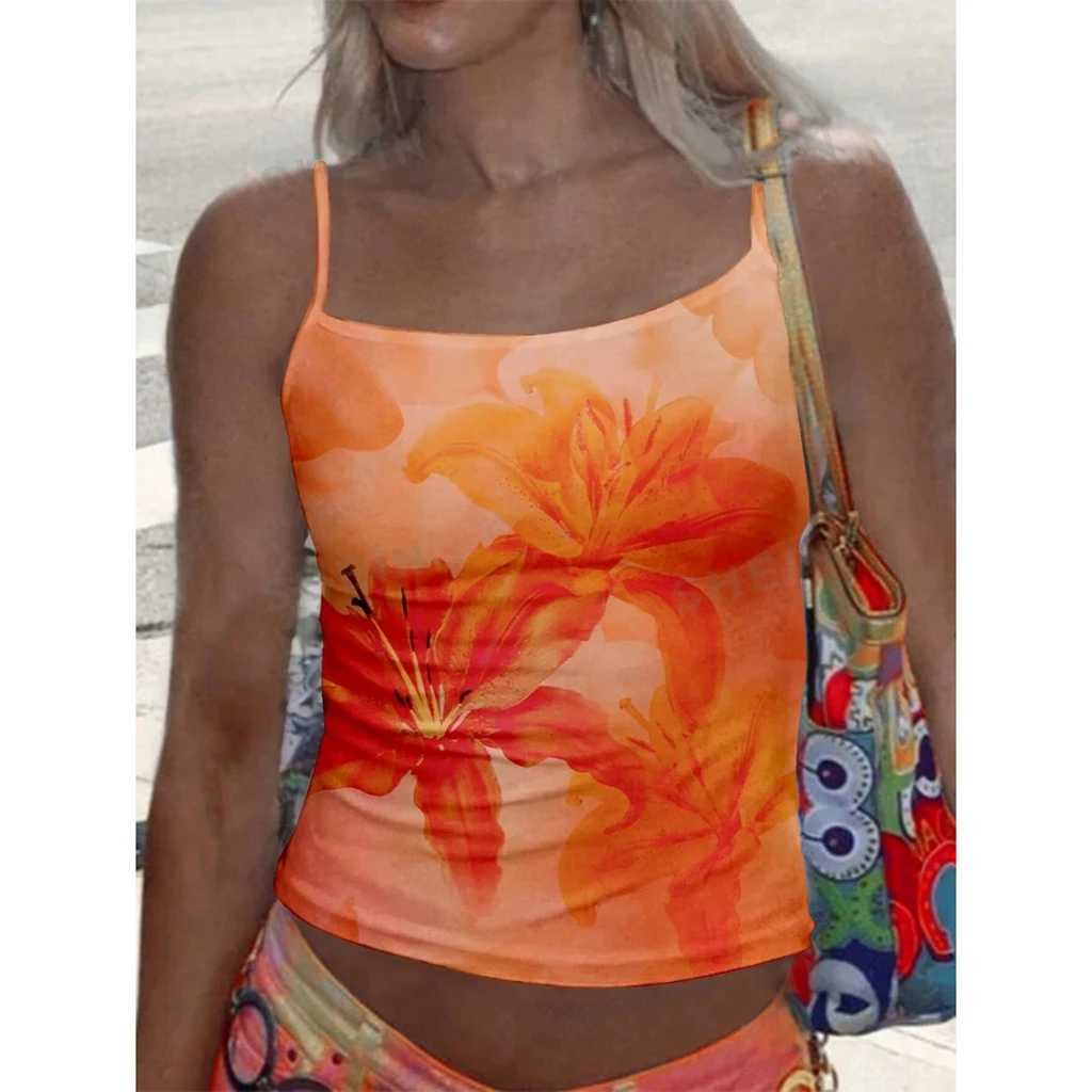 Combhasaki Womens Y2K Vintage Floral Print Camisole Tops Summer Thin Spaghetti Straps Square Neck Slim Fit Vacation Tank Vest M250513