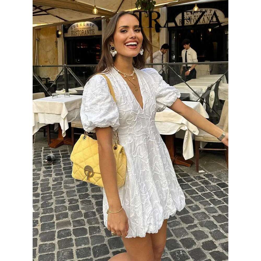 TRAFZA Elegant Women's Chic V-Neck Pleated Mini Summer Solid Color Embroidery Printed Short Sleeve Dress for Women
