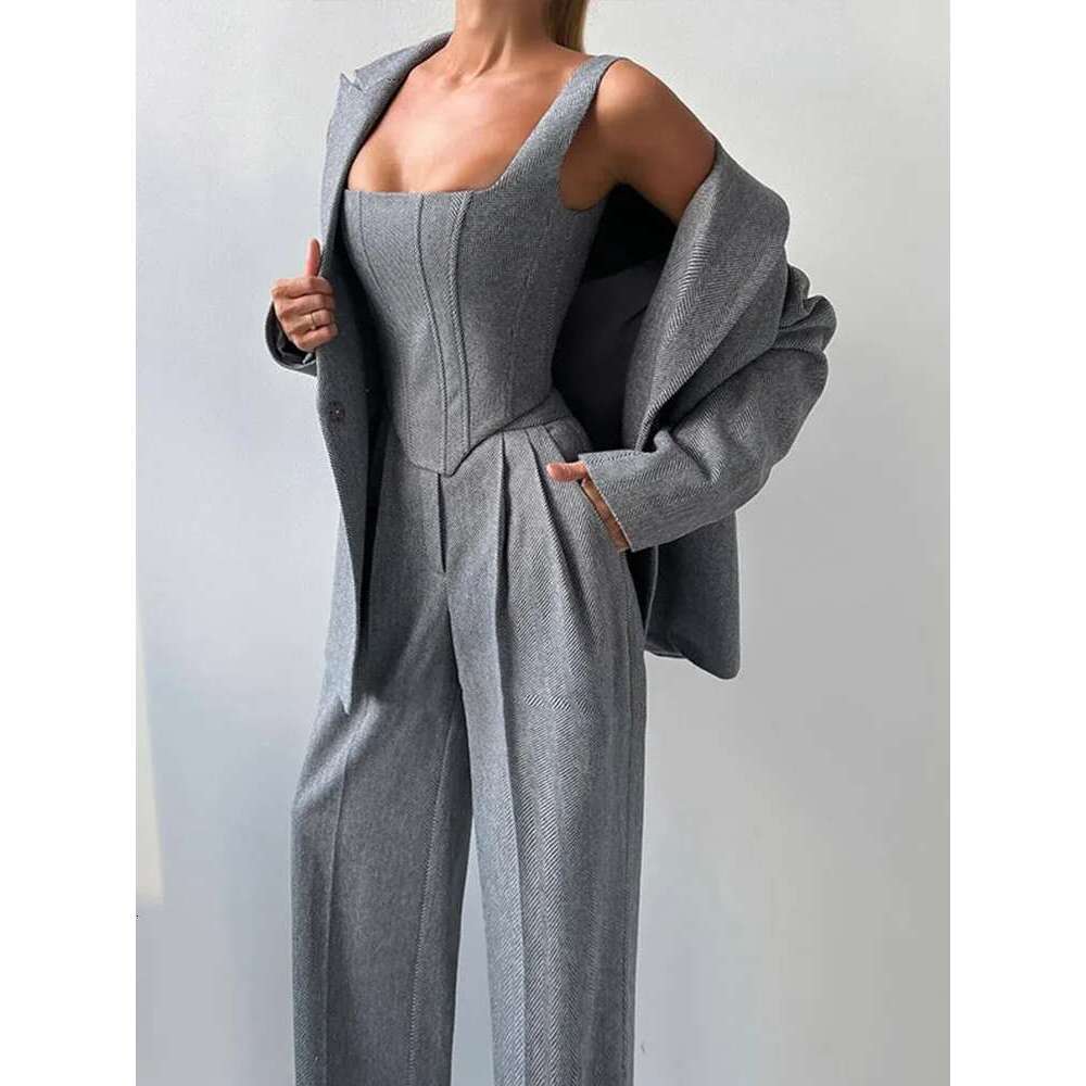Casual Solid Women's Blazer Coats Pants 3 Pieces Sets Elegant Long Sleeve Coat Fishbone Top High Waist Wide Trousers Lady Suits