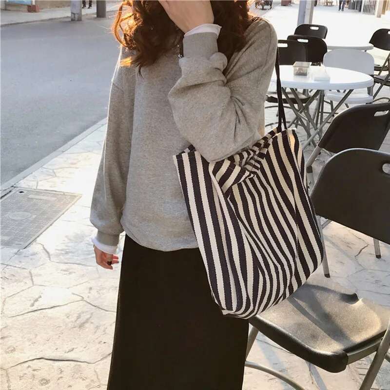 Cotton Canvas Women Big Shoulder Vintage Tote Shopping Bag Extra Large Capacity Handbag Cute Stripe Design Beach Cloth Purse