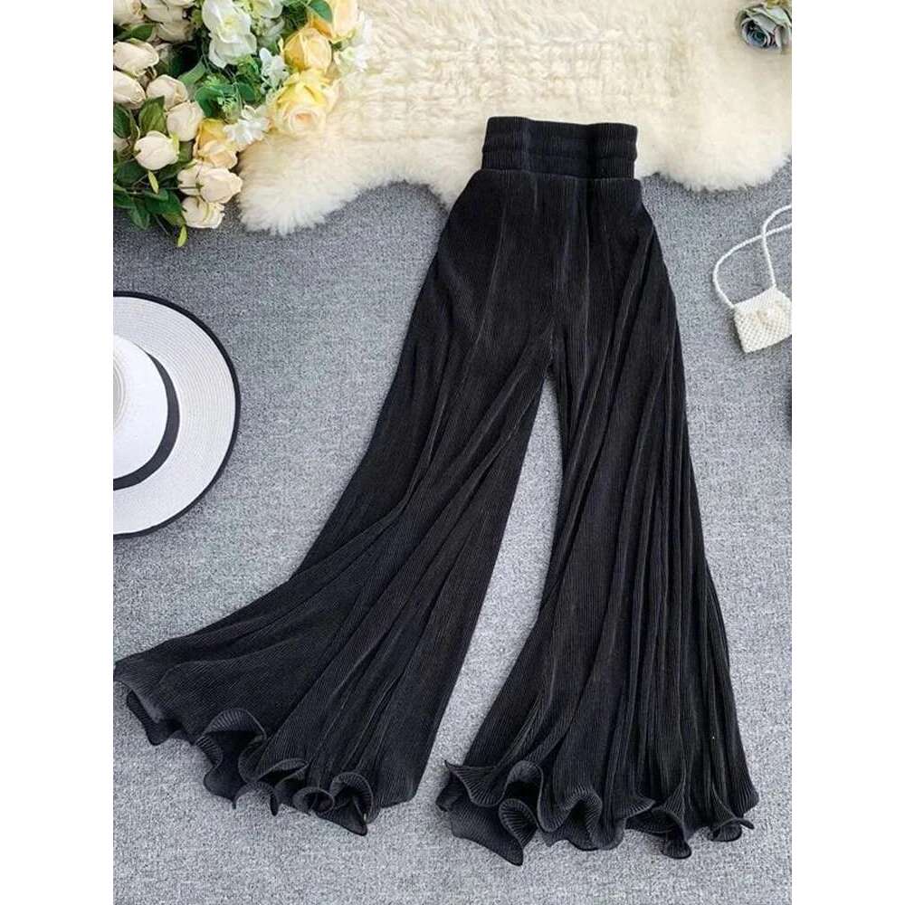 ZOKI Women Flare Loose Gauze Elastic High Waist Ruffle Chiffon Ladies Trousers Fashion Black White Summer Female Pants New