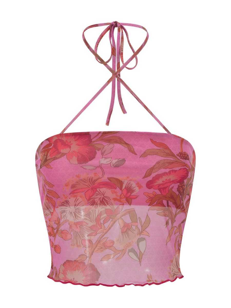 Women Y2k Tube Tops Halter Sleeveless Floral Print Backless Aesthetic Slim Crop Tank Top Cami Streetwear M250513
